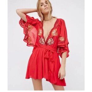 Free People Cora Deep V-Neck Mini Dress Women's Medium Red Embroidered Bohemian